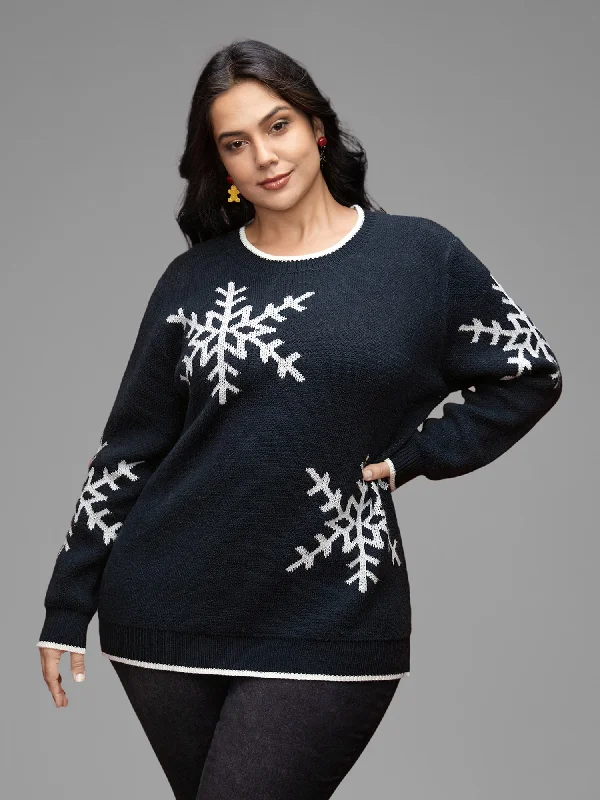 Flash Sales Today Snowflakes Pattern Contrasting Hem Pullover