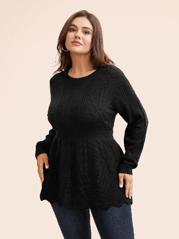 Clothes For Woman Plain Textured Scalloped Trim Pullover