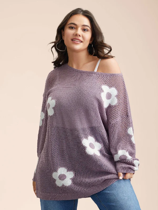 Women's Online Clothing Boutique Floral Jacquard Cut-Out Ribbed Pullover