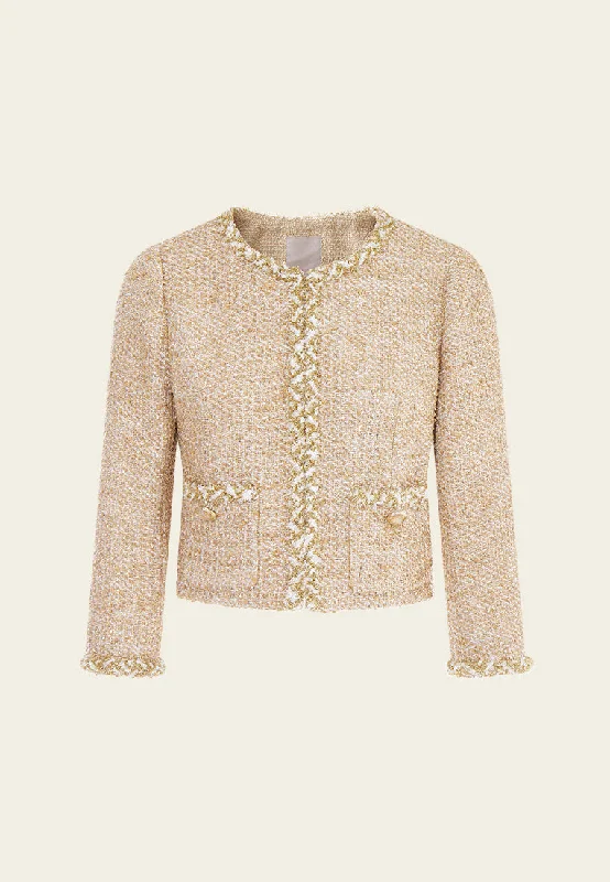 Elegant Women’s Clothing Braided-trim Frayed-detail Lurex Tweed Jacket