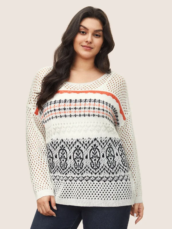 Best Deals Of The Season Jacquard Hollow Out Drop Shoulder Pullover