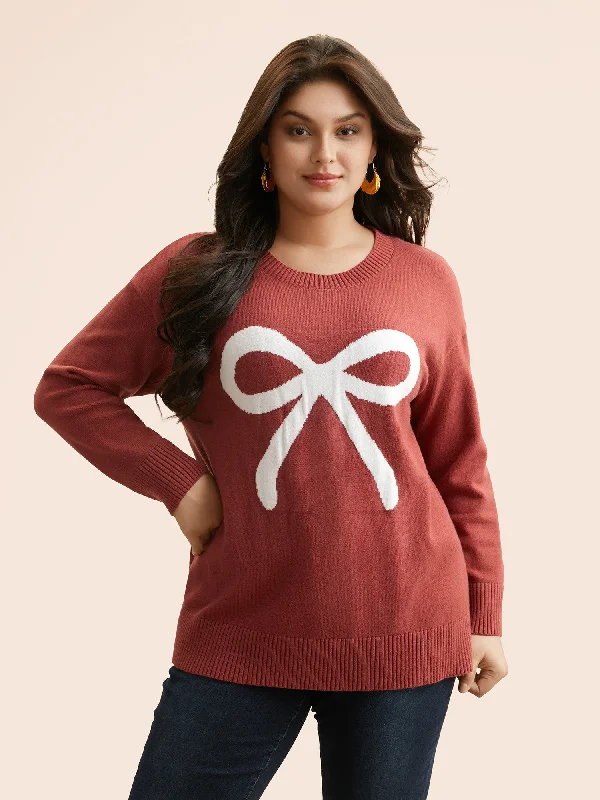 Stupidly Low Prices Bowknot Jacquard Drop Shoulder Pullover