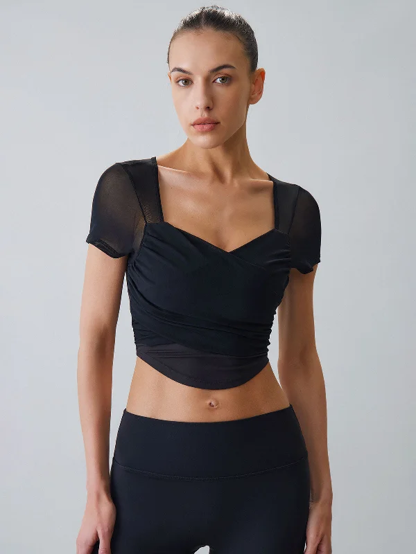 Casual and Comfortable Outfits Black Mesh Short Sleeve Top - Light Support
