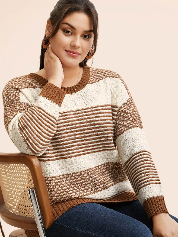 Sales Clothes Round Neck Striped Patchwork Texture Pullover