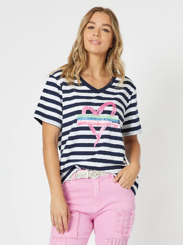 Modern Women’s Fashion with Vintage Touches Threadz Heart Stripe Tee Navy/White