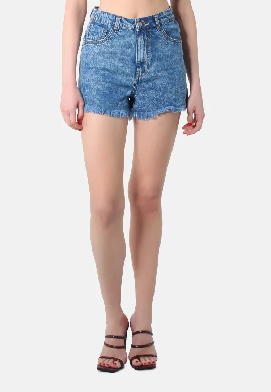 Laid-Back Elegance Blue Side Slit Raw Hem Denim Shorts