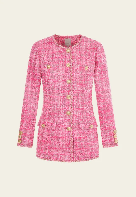 Feminine Dresses for Women in Bold Prints Pink Mixed Tweed Braided-trim Patch-pocket Jacket