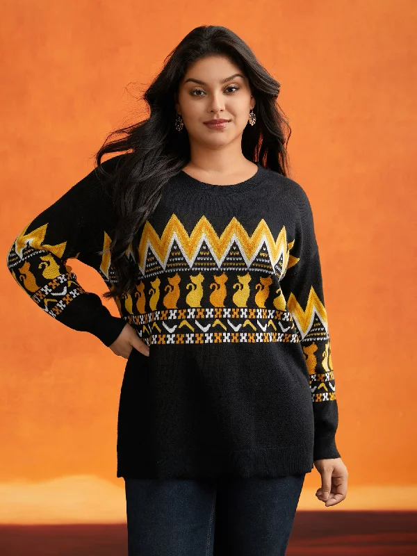 Flash Sale Now Cat Printed Jacquard Fair Isle Pullover