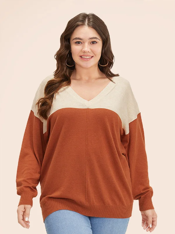 Casual and Comfortable Outfits Supersoft Essentials Colorblock Two Tone Patchwork V Neck Pullover