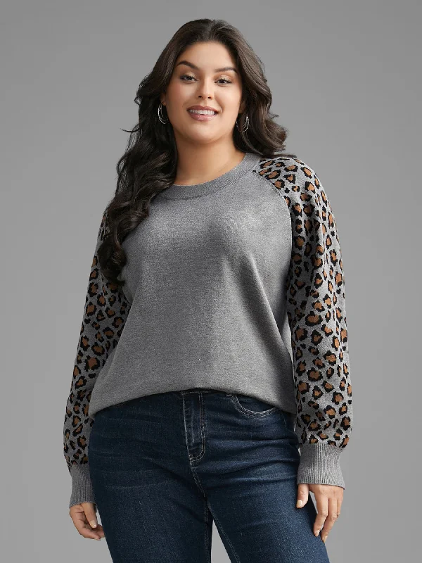 Women’s High Street Fashion Leopard Print Raglan Sleeve Pullover