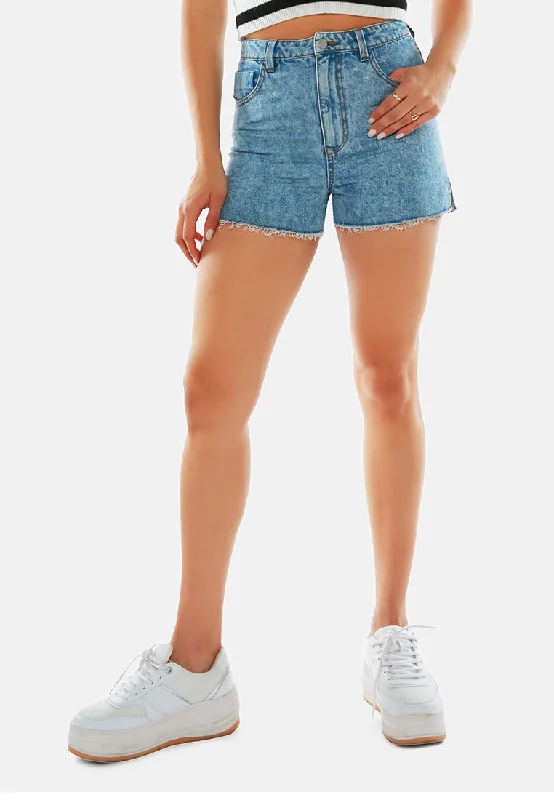 Elegant Fashion Light Blue Side Slit Raw Hem Denim Shorts