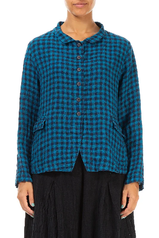 Plus Size Women Wear Buttoned Blue Check Linen Jacket