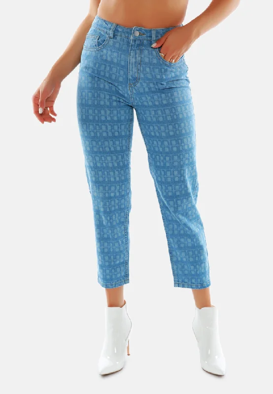 Relaxed Style Blue Printed Mom Fit Blue Jeans Pants