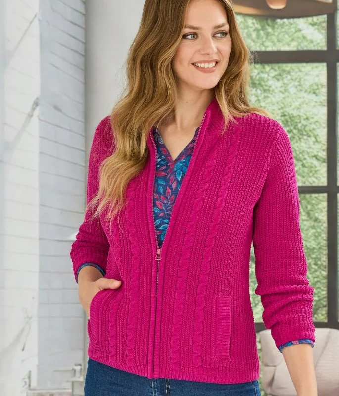 Comfortable Casual Wear Cerise Chenille Cable Zip Cardigan