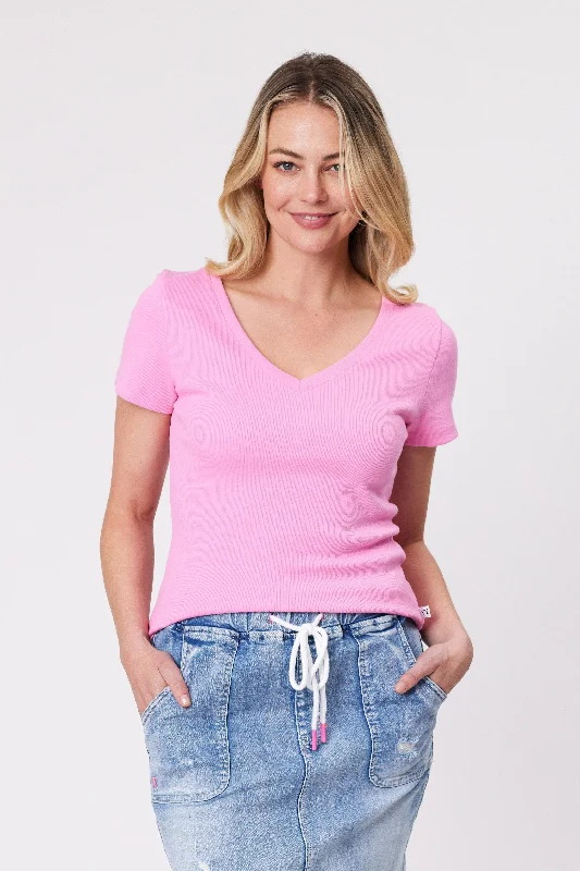 Outlet Clothing Shine On Essentials Rib V Neck Tee Pink