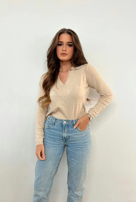 Big Discounts Only Life Long Sleeve Polo Neck Knit in Beige