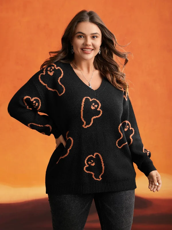 Flash Sale Starts Spooky Ghost Pattern V-Neck Pullover