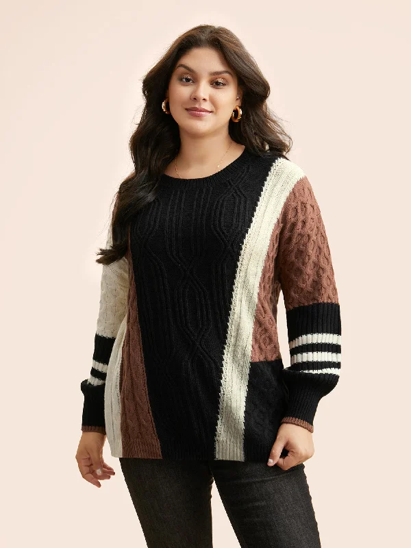 Seasonal Women’s Fashion Trends Contrast Patchwork Cable Knit Pullover