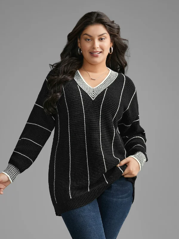 Plus Size Women Wear Texture Contrast Striped Lantern Sleeve Pullover