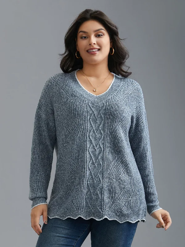 Women Wear Brands Plain Textured Contrast Trim Cable Knit Pullover