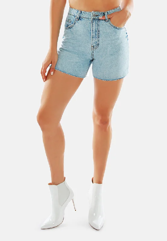 Relaxed Fashion Blue Acid Wash Raw Hem Jeans Shorts