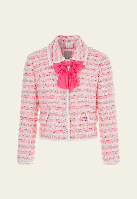 Casual Dresses for Women Stripe Tweed Pussy-bow Cropped Jacket