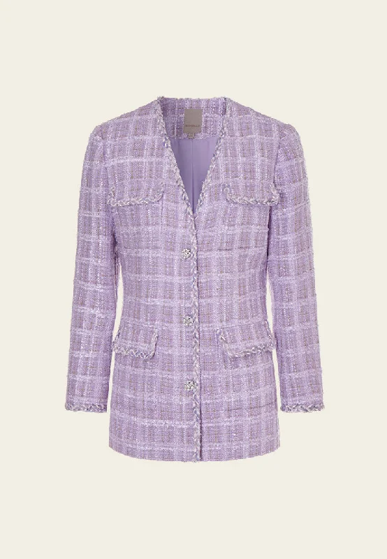 Stylish Everyday Clothing Violet Checked Tweed Flap-pocket Jacket