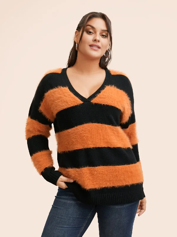 Season Offer Texture Contrast V Neck Pullover