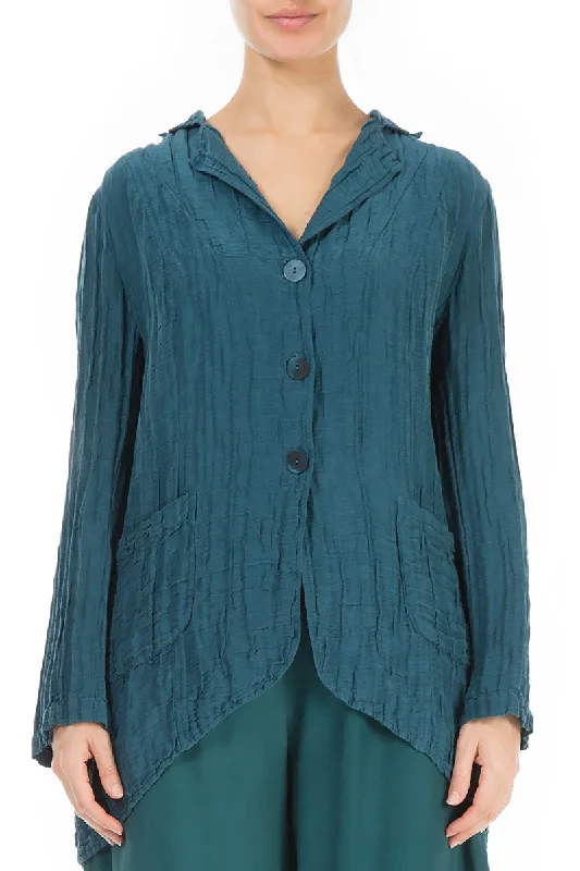 Women’s Fashion Clothing Flared Crinkled Dark Teal Silk Jacket