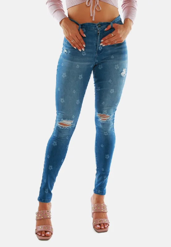 Casual Chic Printed Ripped Slim Fit Blue Denim Pants