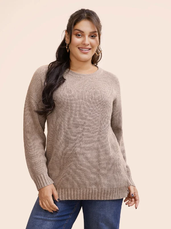 Special Offers Solid Round Neck Drop Shoulder Pullover