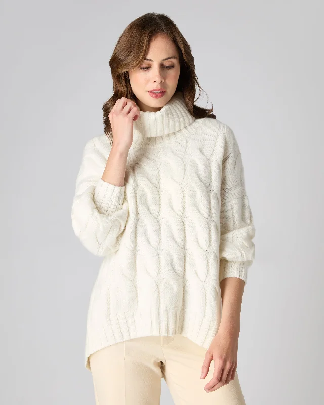 Comfortable Loungewear for Women Women's Chunky Cable Roll Neck Cashmere Jumper New Ivory White