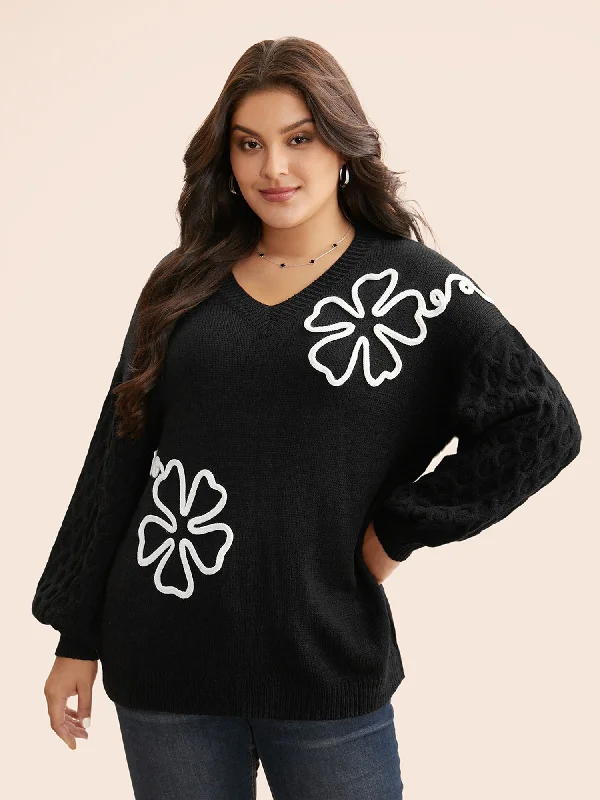 Fashionable Casual Tops Crochet Floral Texture V Neck Pullover