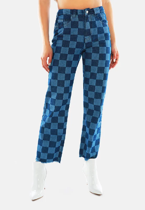 Everyday Fashion Blue Wide Leg Checkered Jeans Pants