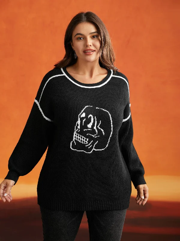 Huge Markdowns Skull Printed Balloon Sleeves Pullover