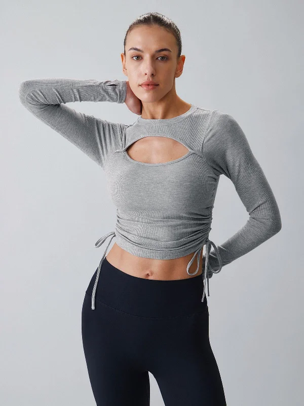 Trendy Women’s Apparel Grey Cut Out Drawstring Long Sleeve Top - Light Support