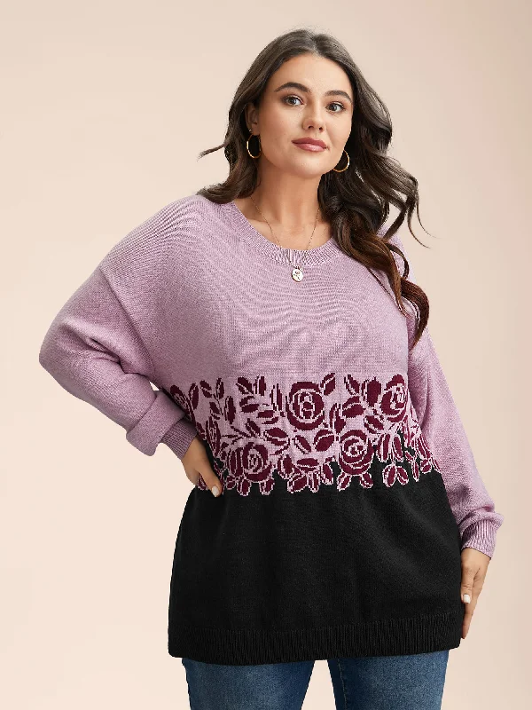 Women Clothes Jacquard Floral Pattern Contrast Drop-Shoulder Pullover