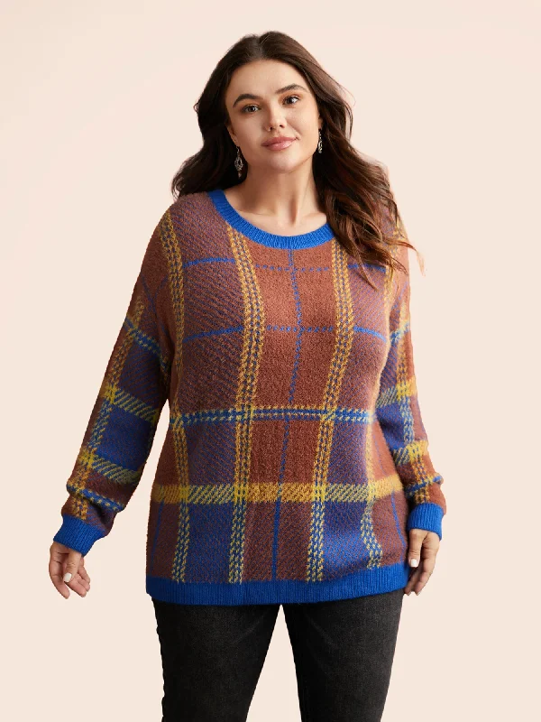 Additional Time-Limited Offers Plaid Texture Crew Neck Pullover