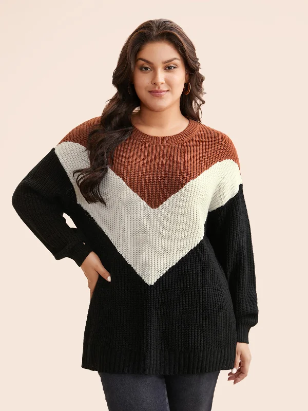 Versatile Style Wardrobe Colorblock Contrast Lantern Sleeve Pullover