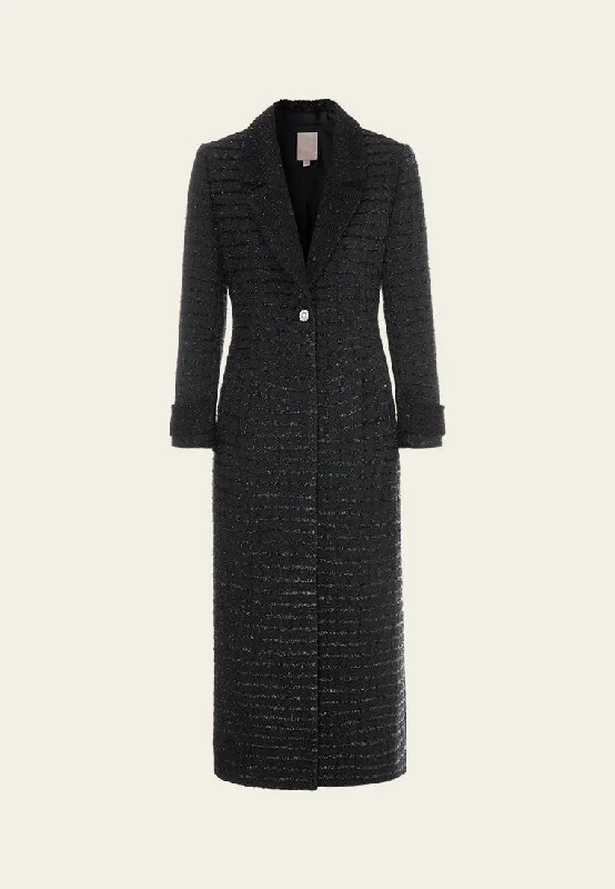 Workwear Fashion for Women Lurex Checked Frayed Tweed Maxi Coat