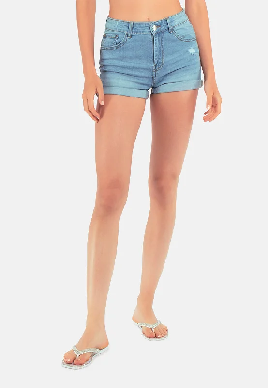 Earthy Tones Light Blue High Waist Rolled Hem Shorts