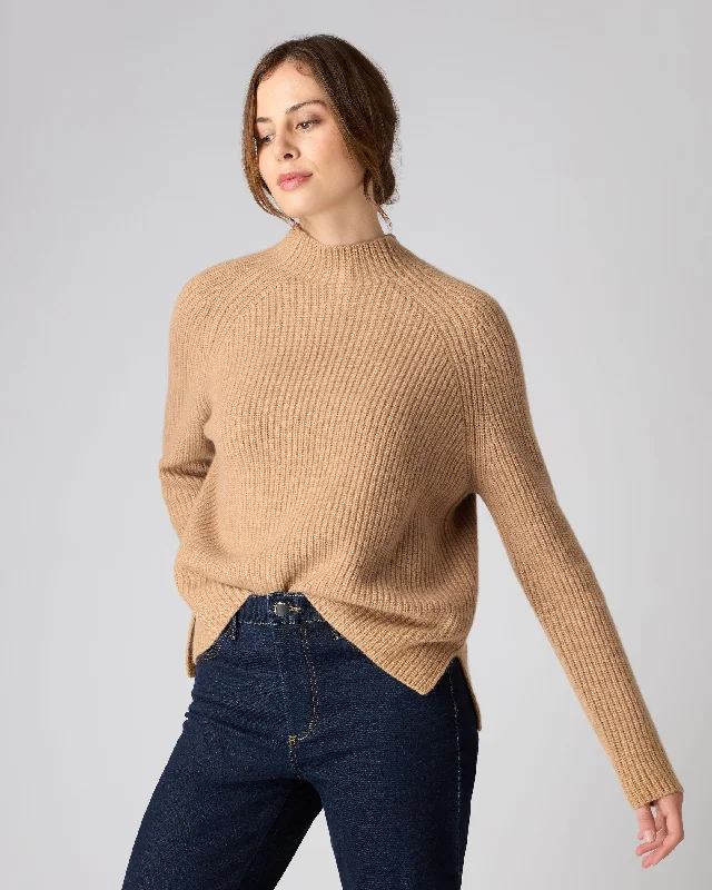 Modern Women’s Fashion with Vintage Touches Women's Fisherman Rib Funnel Cashmere Jumper Sahara Brown