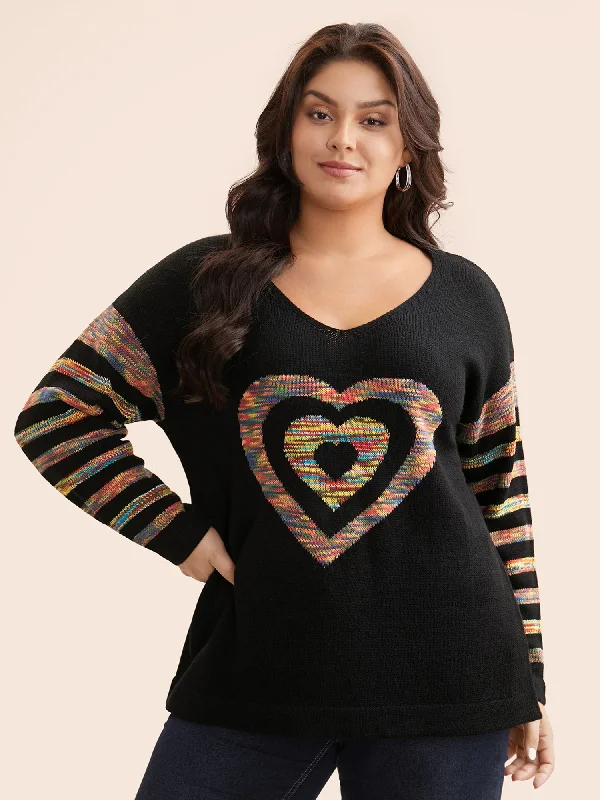 Elegant Women’s Fashion Contrast Heart Jacquard Drop Shoulder Pullover