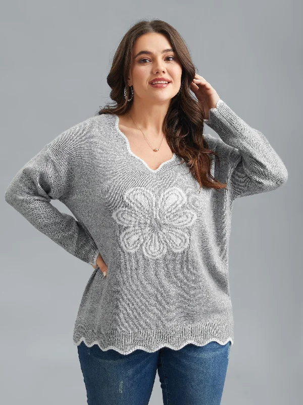 Trendy Women’s Fashion Floral Print Jacquard V-Neck Pullover