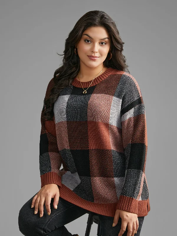 Trend Setting Wardrobe Plaid Contrast Slit Hem Pullover