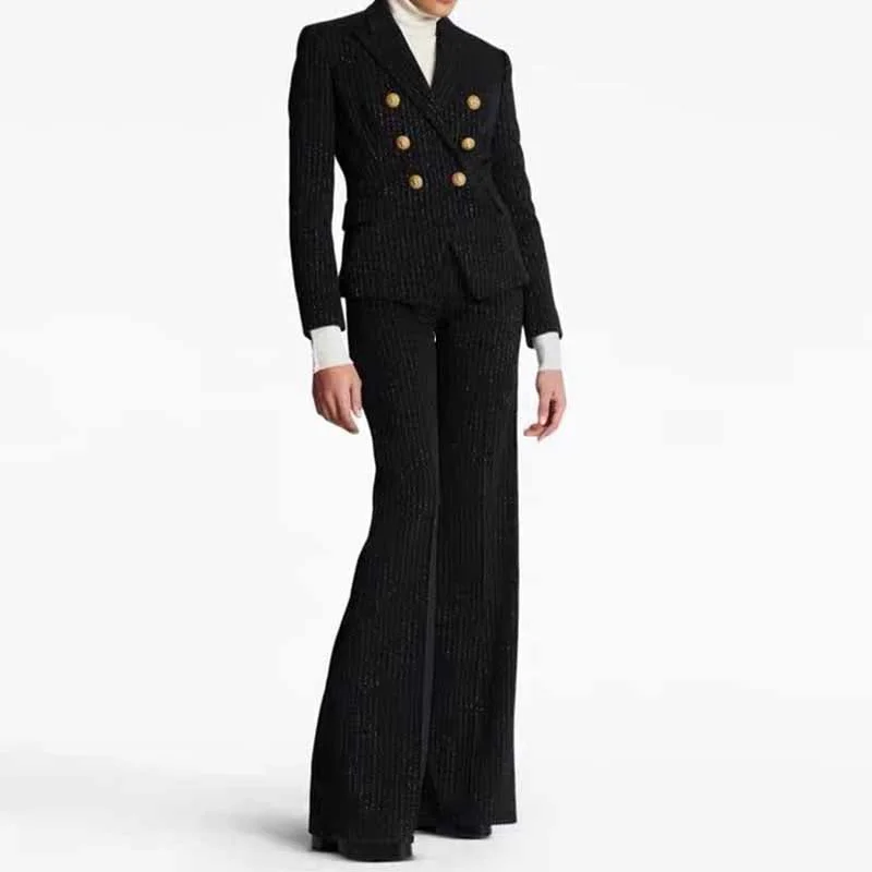 Holiday Glam Black Pinstripe Double-Breasted Pantsuit Wide-Leg Formal Suit