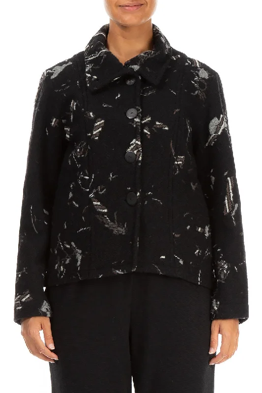 Trend Forward Women's Wear Collar Patterned Black Wool Jacket