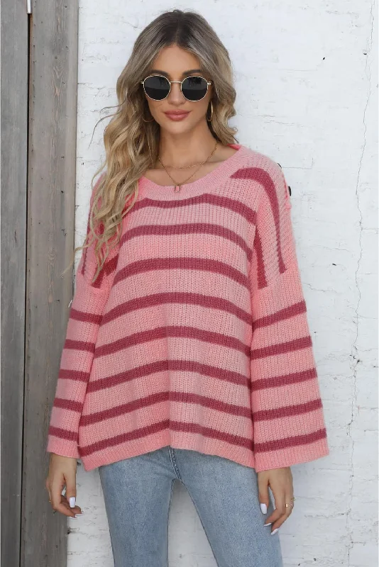 Signature Style Essentials Round Neck Dropped Shoulder Striped Sweater