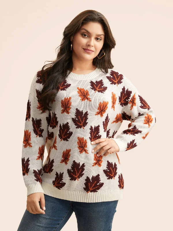 Women’s Fashion Essentials Leaves Jacquard Drop Shoulder Sleeve Pullover