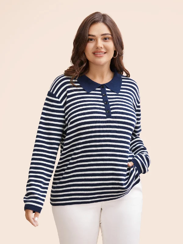 Summer Deals Polo Neck Striped Button Up Pullover